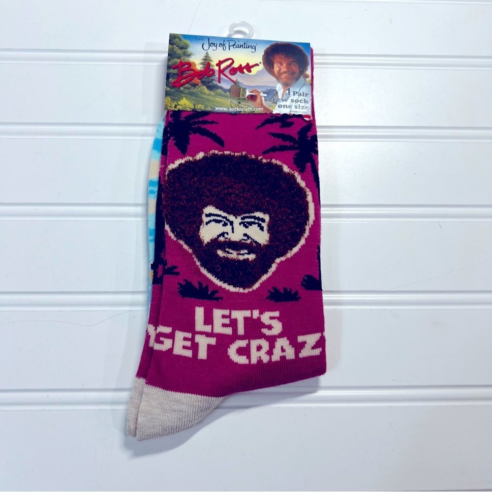 Bob Ross Pink Crew Socks Fuzzy Hair Let's Get Crazy New